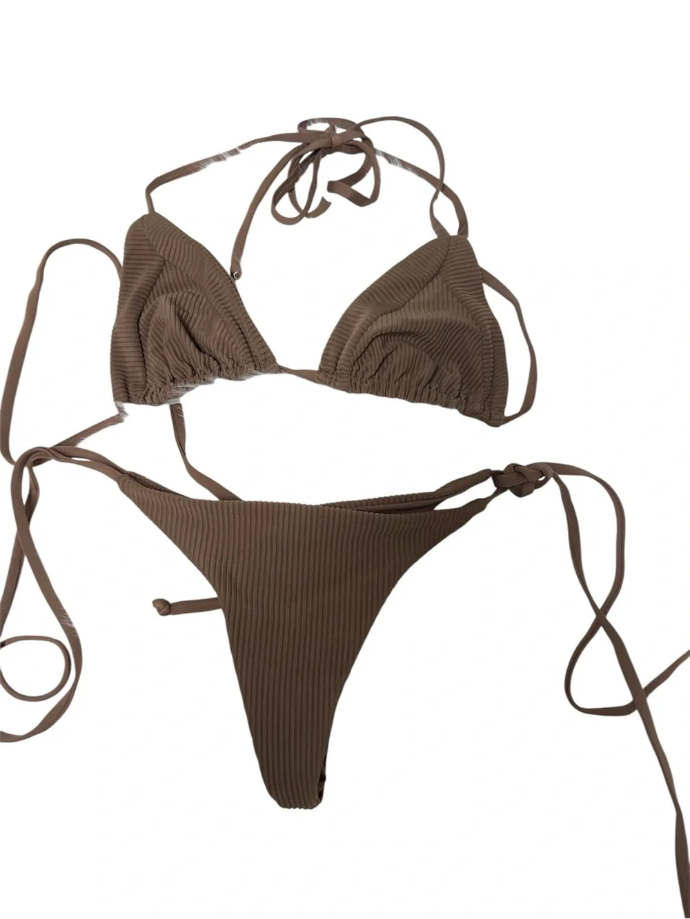 Frankies Bikinis Brown Ribbed String Triangle Bikini Set | Textured Tie Side